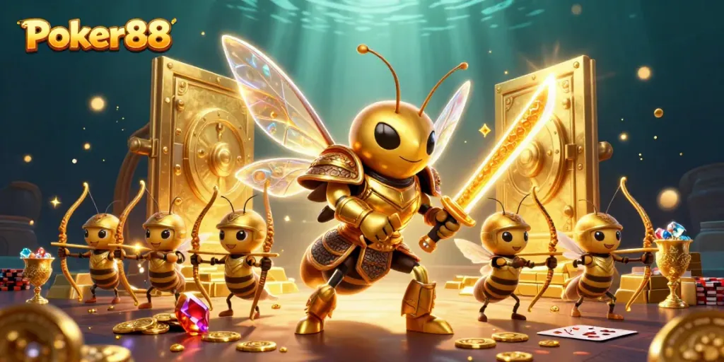 Playing poker with Poker88, a lively illustration featuring a golden hornet and bee archers among treasures.