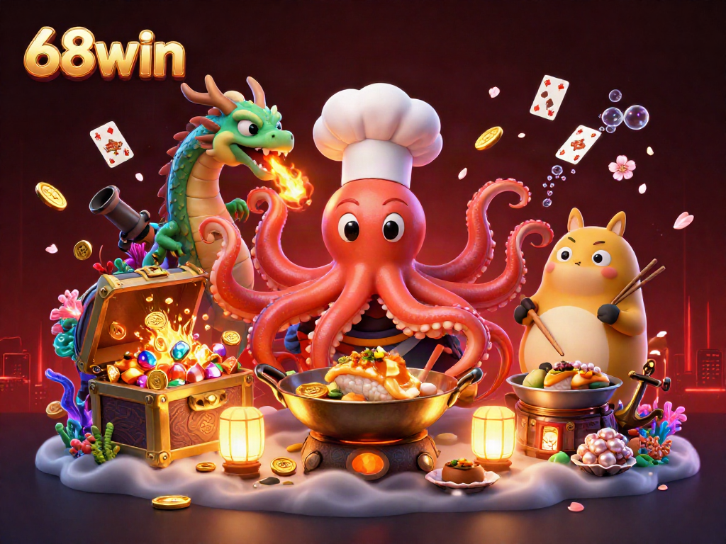 Experience thrilling gameplay with 68win, showcasing vibrant characters and golden treasures in a dynamic casino setting.