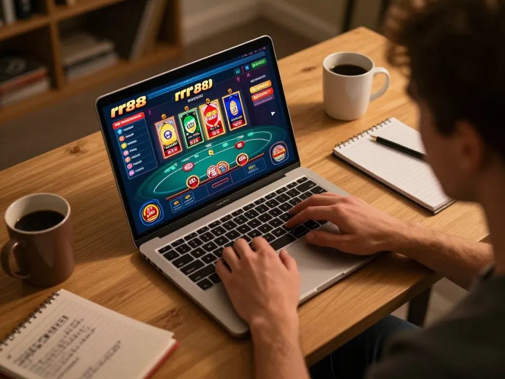 Player engaging with rr88's online casino on a laptop, showcasing vibrant game interface