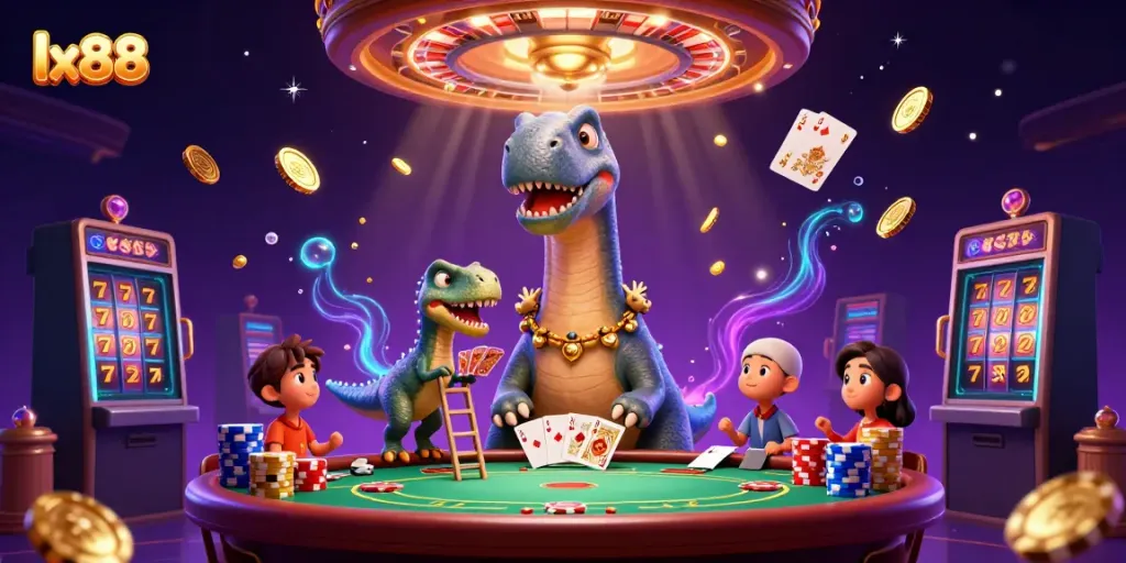 Experience a vibrant lx88 casino scene with a giant brontosaurus and raptor dealing cards.