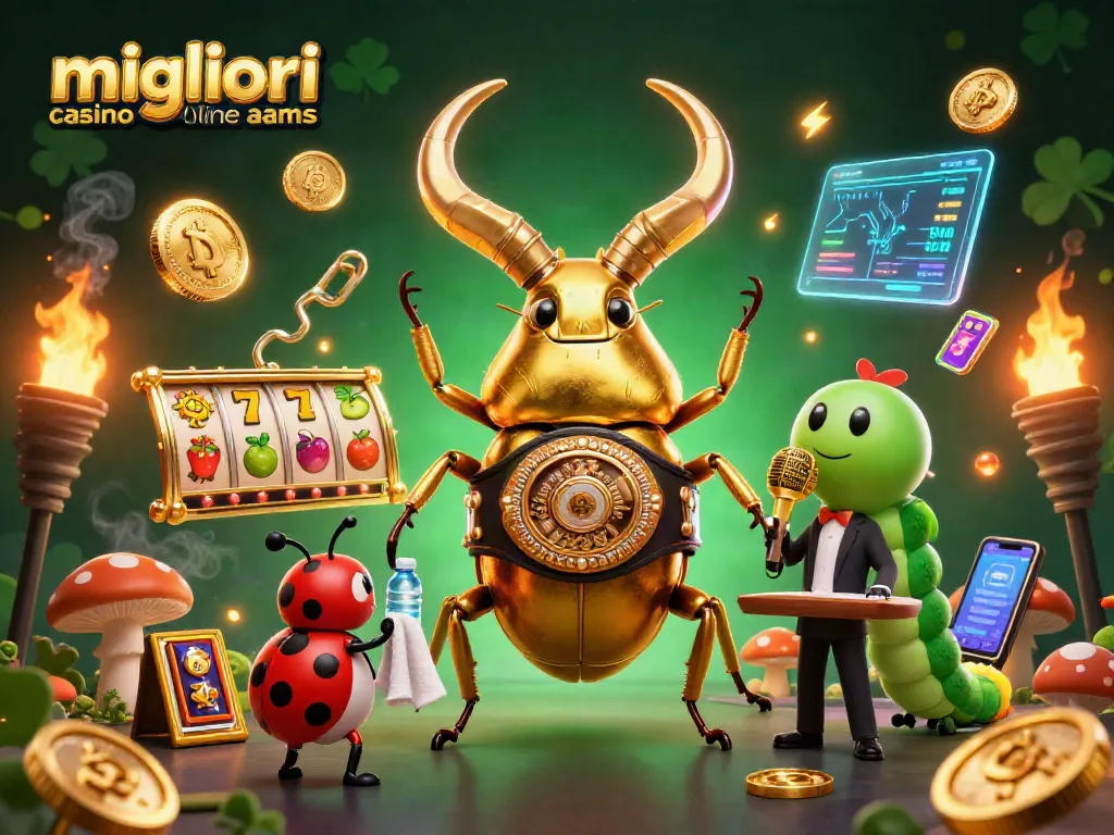 I migliori casino online AAMS presentano una scena vibrante con un scarabeo dorato e simboli di gioco d'azzardo.