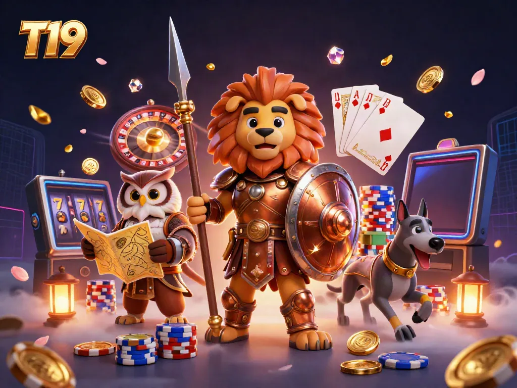 Experience T19's casino atmosphere with a strong Spartan lion and dynamic gaming elements.