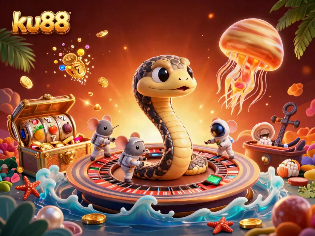 Bet with ku88's cosmic casino scene featuring a snake roulette and astronaut mice, celebrating wins with vibrant jewels.