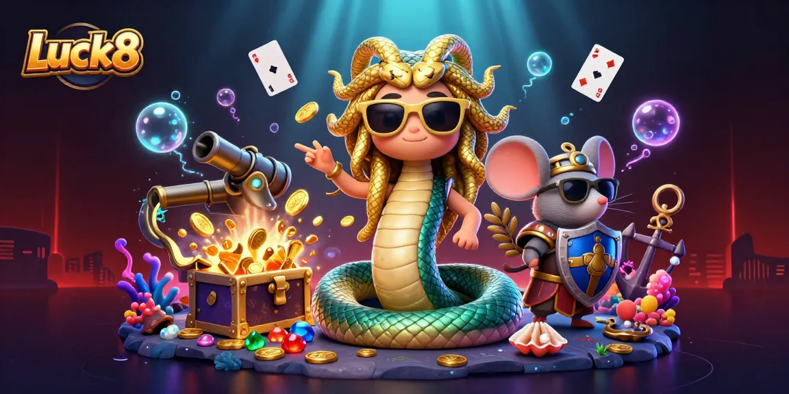Engage with Luck8's exciting online gaming atmosphere featuring Medusa, a warrior mouse, and dynamic casino elements.