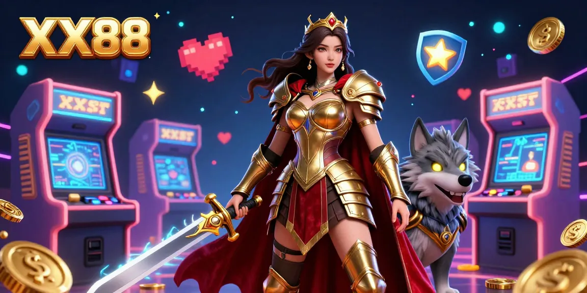 Engage with the thrilling atmosphere of XX88 featuring a warrior queen and armored wolf among colorful game machines.
