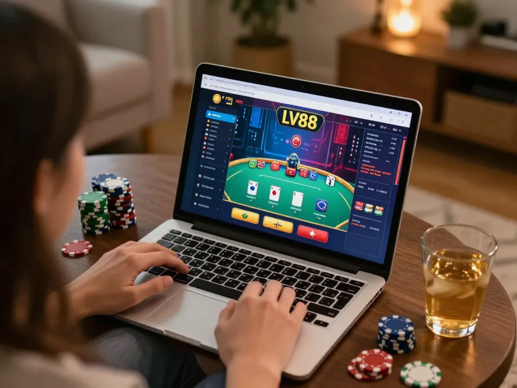 Engaging with the LV88 link while playing online poker in a cozy home setup, showcasing a vibrant gaming atmosphere.