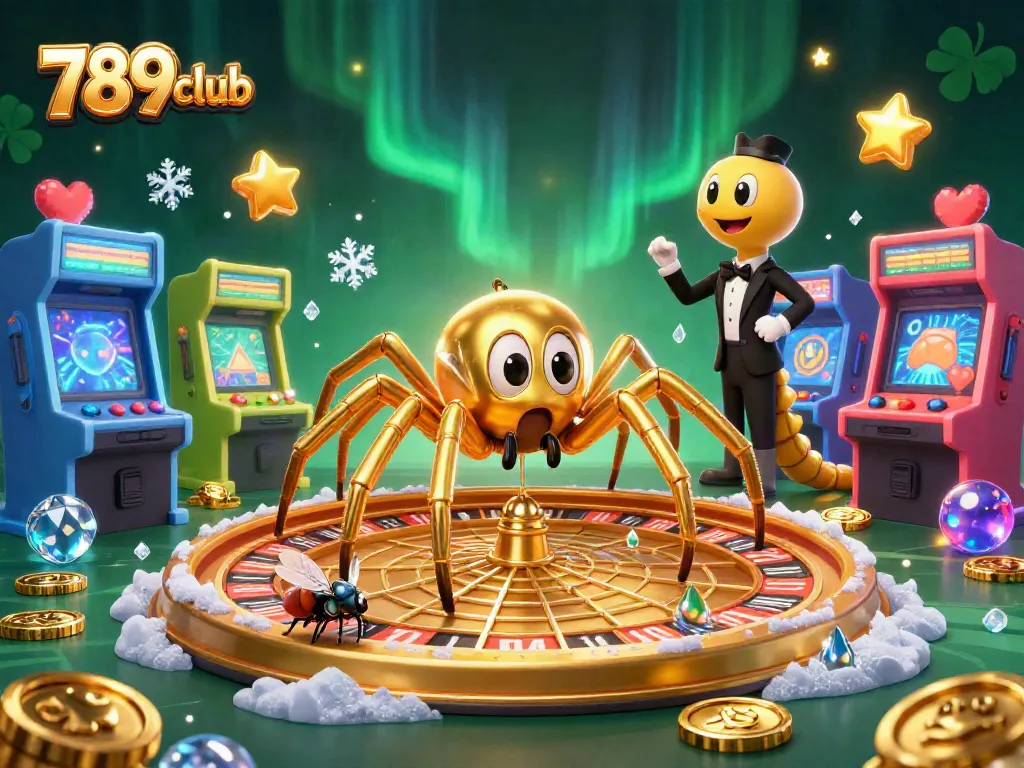 Engage with 789club's exciting world as the golden spider spins luck into a vibrant casino scene.