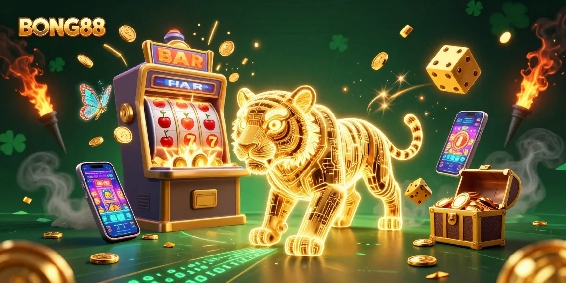 BONG88 engages players in an electrifying casino atmosphere with a golden tiger, captivating game elements, and dynamic action.