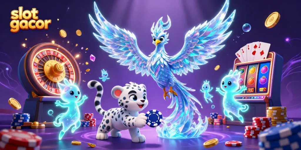 Visualisasi menarik dari slot gacor dengan karakter kartun, koin, dan simbol jackpot.