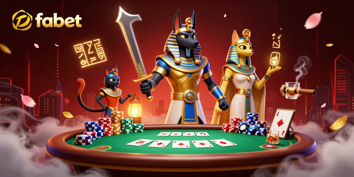 Engage with fabet's thrilling poker scene featuring Anubis and Bastet amidst colorful casino elements.