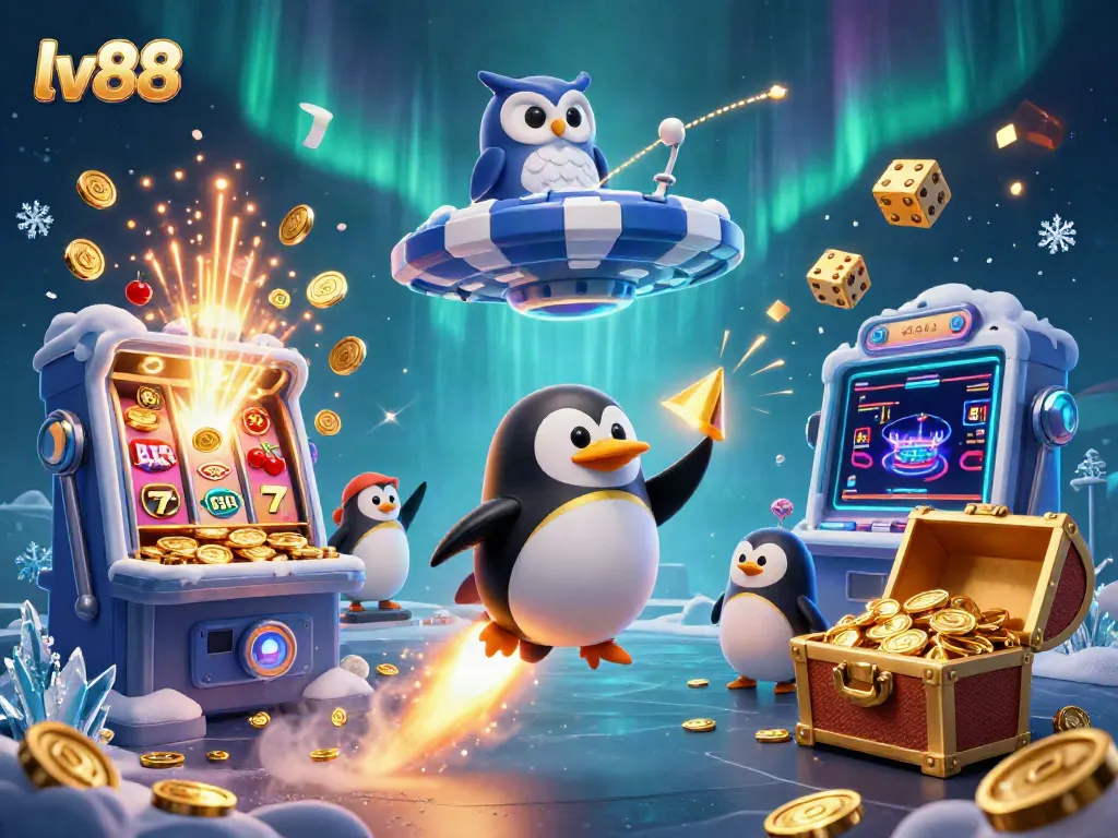 Experience lv88 with golden penguins and vibrant casino elements in a cosmic setting.