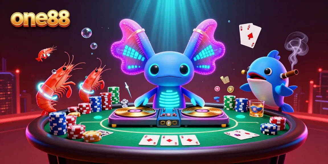 one88 showcases an energetic underwater party scene with a DJ axolotl surrounded by poker elements, enticing players.