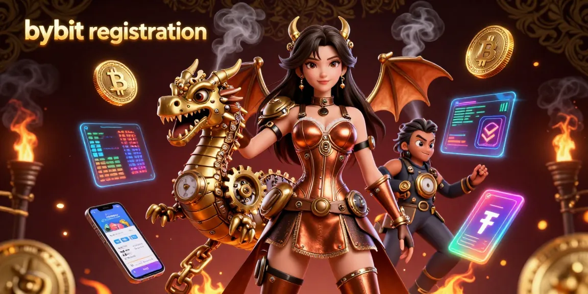 Engage with bybit registration as a stunning 3D woman and clockwork dragon illustrate crypto themes.