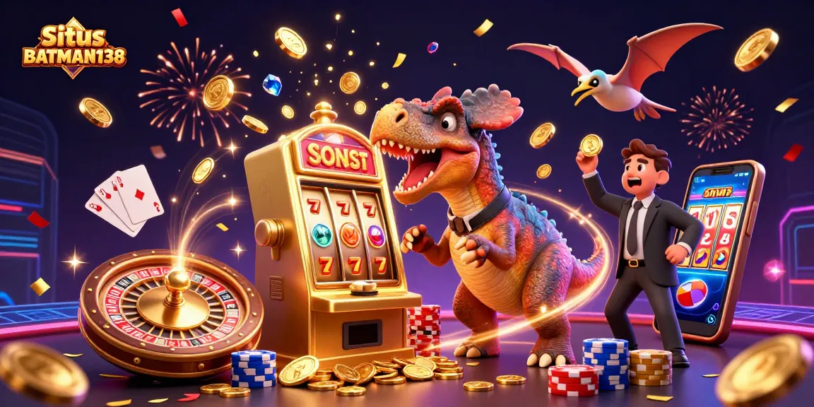 Situs BATMAN138 showcases an exciting jackpot scene with vibrant characters and casino elements in action.