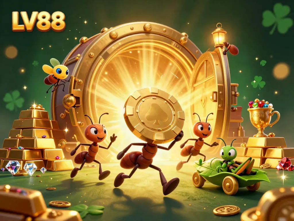 Engage in the thrill of LV88 with cartoon ants heisting a giant poker chip amidst sparkling treasures.