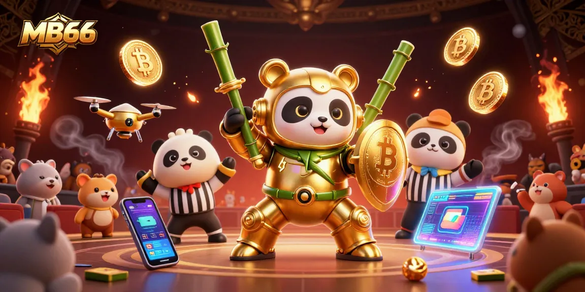 Experience competitive gaming with MB66 as the golden panda leads thrilling battles in a vibrant arena.