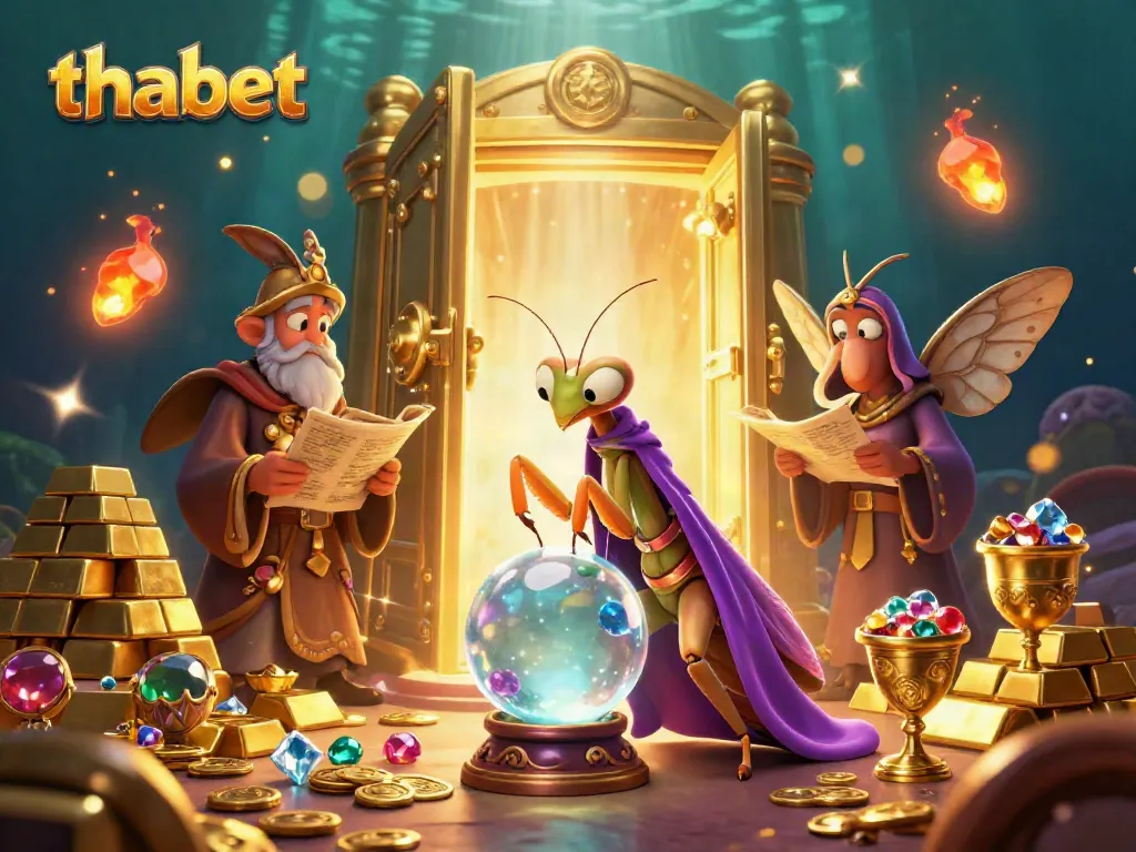 "Thabet" invites players to explore a mystical casino world with a praying mantis fortune teller and glowing treasures.