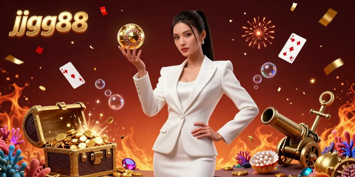 Experience thrilling gameplay at jjgg88 with a stylish Asian woman presenting luxury gambling elements and dynamic gold coins.