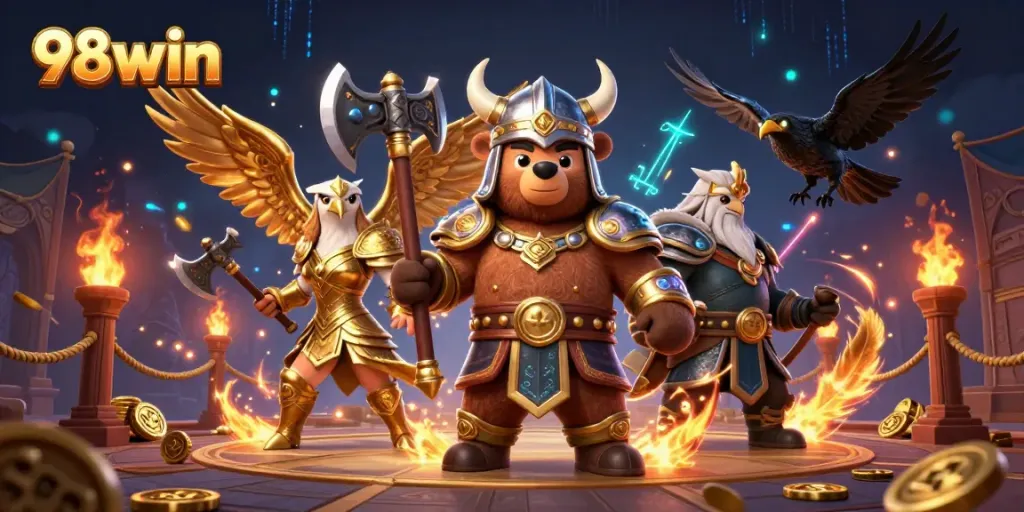 98win players immerse in a vibrant 3D casino scene with a Viking bear and Valkyrie eagle