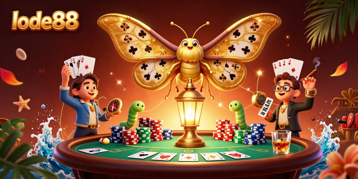 Engage in thrilling gaming with lode88's vibrant casino illustration featuring rich poker elements.