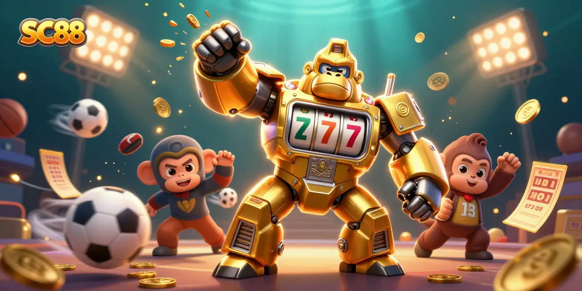 Engage with SC88's dynamic gameplay featuring a golden gorilla mech slot machine colliding with sports action.