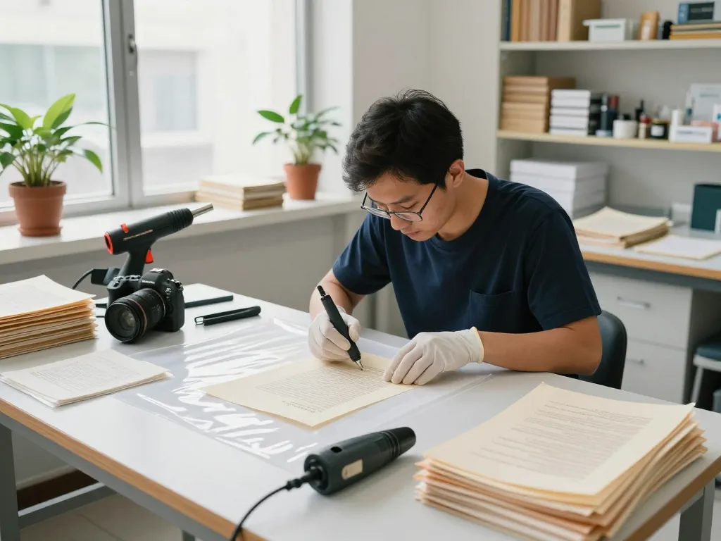 Bóc giấy ép uy tín hà nội in professional document restoration scene, technician delicately removes plastic from important papers.