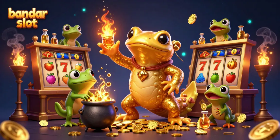 Spin the reels at bandar slot in a magical casino, featuring golden salamander and frogs crafting treasures.