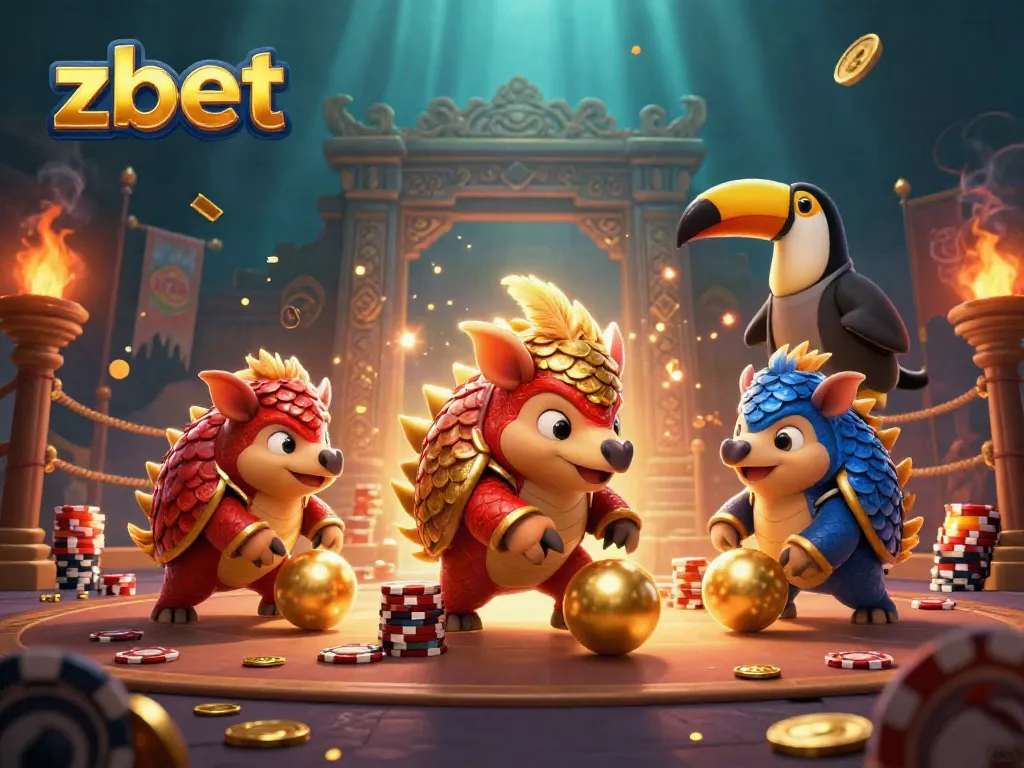 Engaging zbet illustration with rival pangolins amidst poker chips and festive effects.