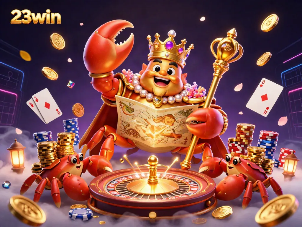 Experience the vibrant excitement of 23win with a golden crab emperor amid sparkling gems and coins.