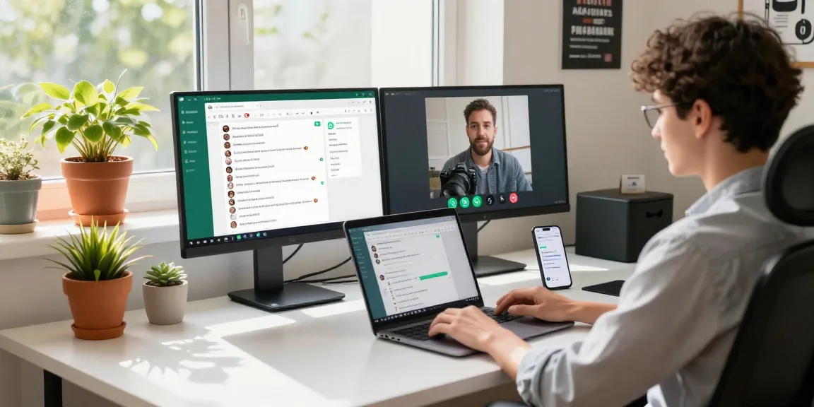 User engaging with WhatsApp電腦版 on laptop in bright home office, reflecting modern remote work setup.