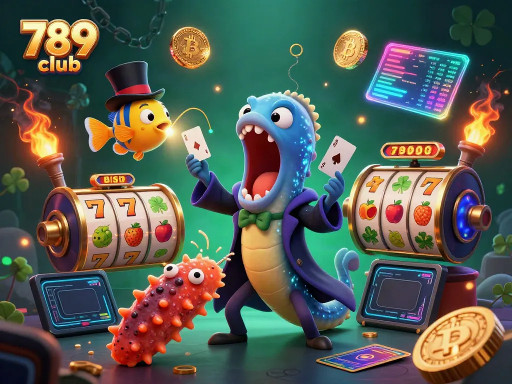 Experience the thrill of card tricks at the 789 club with vibrant casino elements and magical sea creatures.