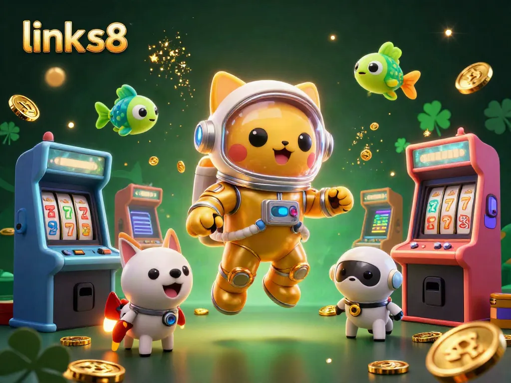 Engage with the dynamic link s8 gaming scene featuring an astronaut cat and robotic dog in a casino setting.