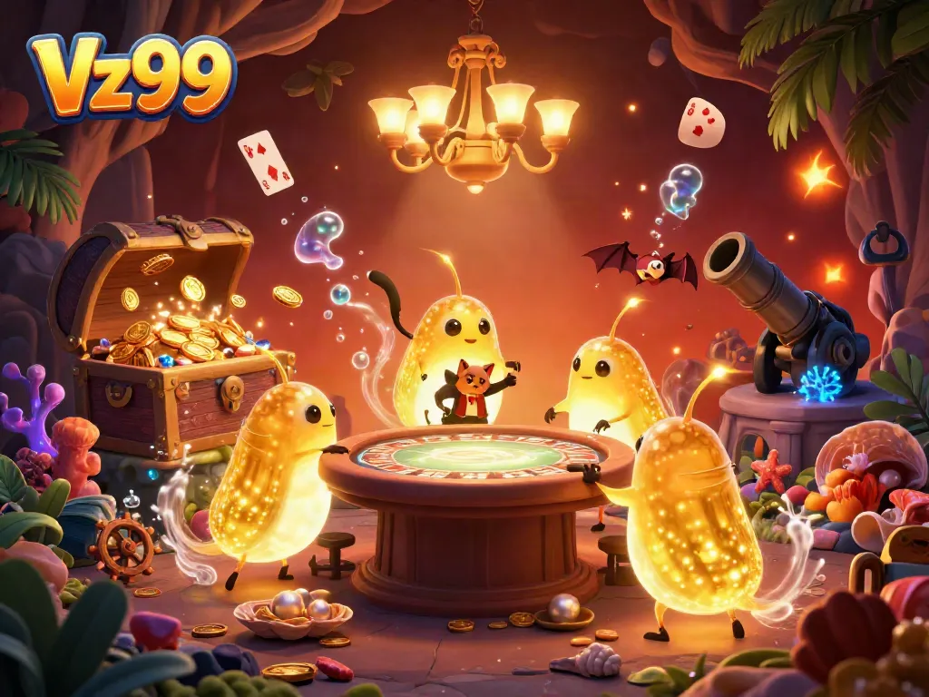 Experience exciting gameplay at Vz99 in a captivating 3D casino scene filled with glowworms and treasure.