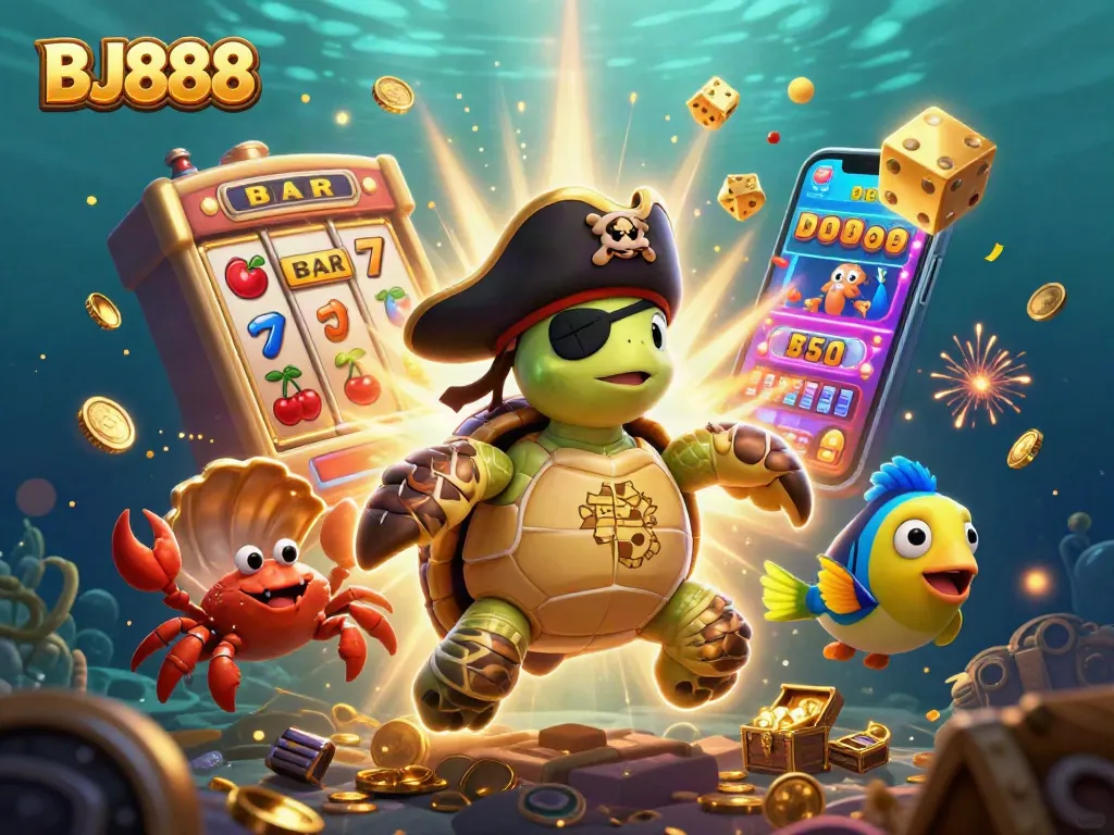 Engage with BJ888's thrilling underwater casino adventure showcasing pirate-themed characters and lively game elements.