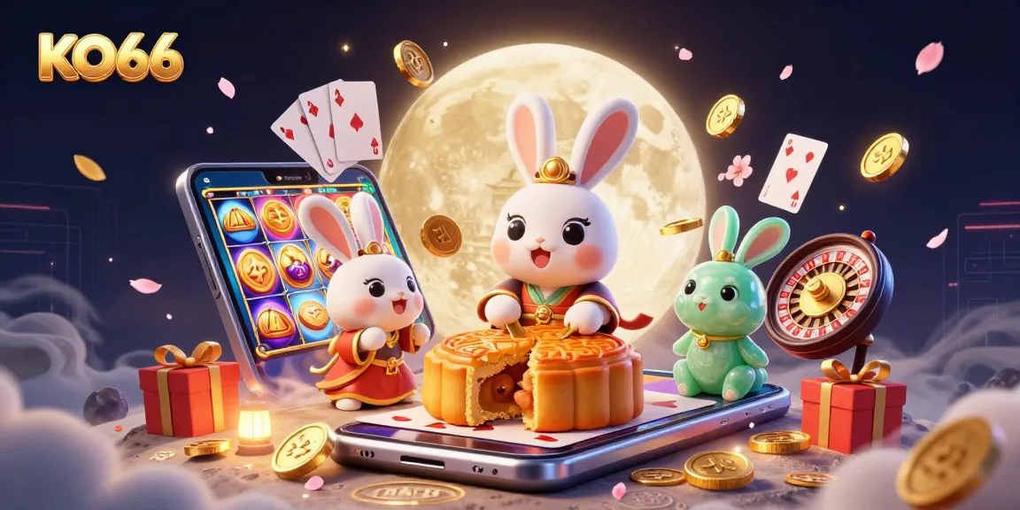 Engage with KO66 as a moon rabbit symbolizes luck in a vibrant casino-themed universe.