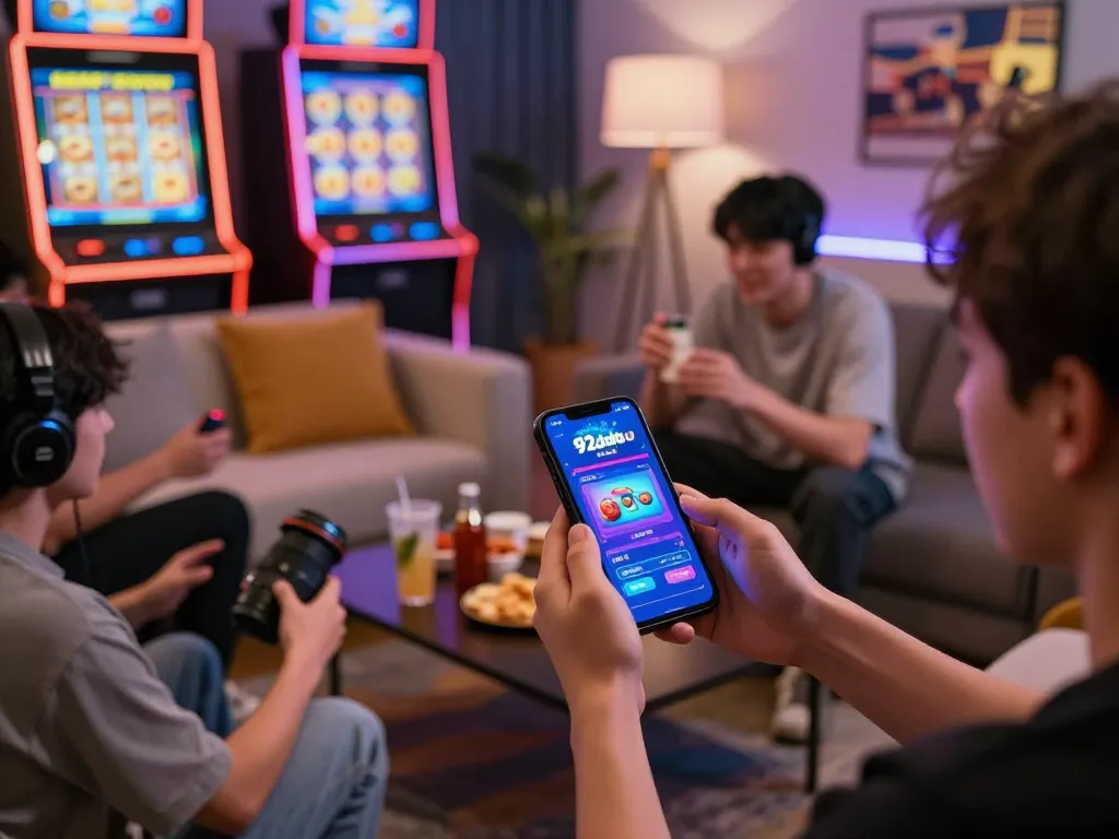 Excited players enjoying the 92dadu game on smartphones in a lively home setting.