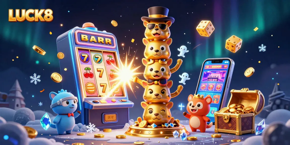 Experience the thrill of LUCK8 with this vibrant casino-themed illustration showcasing games and jackpots.