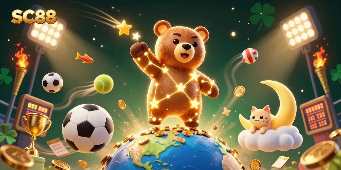 Engage with SC88's thrilling games while the constellation bear scoops up coins, under a vibrant night sky.