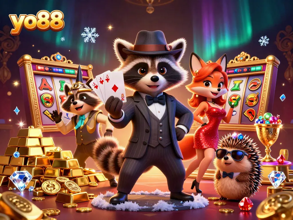 Experience thrilling gameplay with yo88, as a raccoon, fox, and hedgehog celebrate winning at slots.