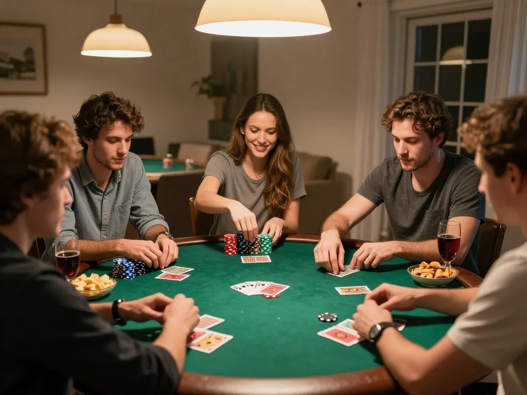 Friends enjoying a game night with cards and chips in front, representing jun 88 poker gaming.