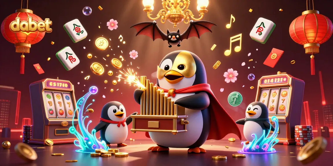 dabet features a penguin organist amidst gold coins and slot machines, celebrating casino excitement.