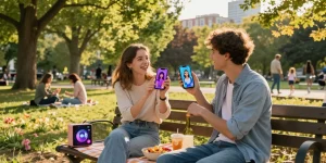 Couple interacting with their ai gf in a lively park setting, showcasing modern tech in a joyful moment.