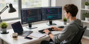 Dynamic tech workspace showcasing a developer focused on coding with vibrant screens, highlighting the process of Telegram Download.