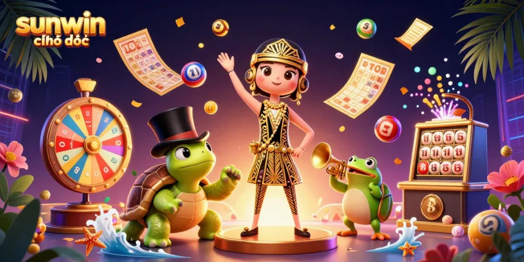 Experience sunwin chính thức with colorful game elements and unique characters in a dynamic casino scene.