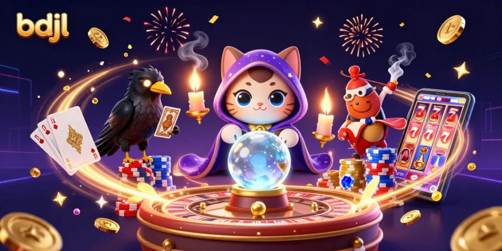 Experience the thrill of bdjl gaming with vibrant casino characters, cards, and coins exploding into action.
