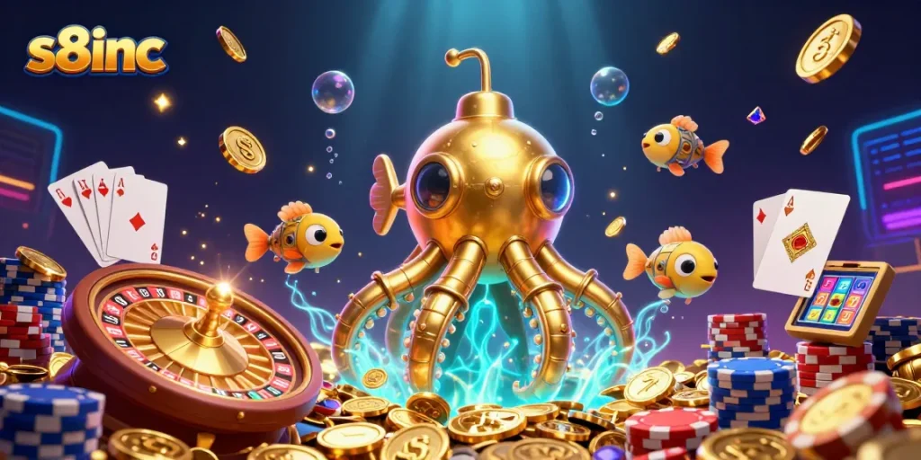 Experience the excitement of s8inc with a 3D illustrated kraken submarine amidst flying coins and casino elements.