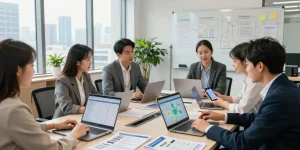 Compare business mobile deals UK during a team meeting in a modern office.
