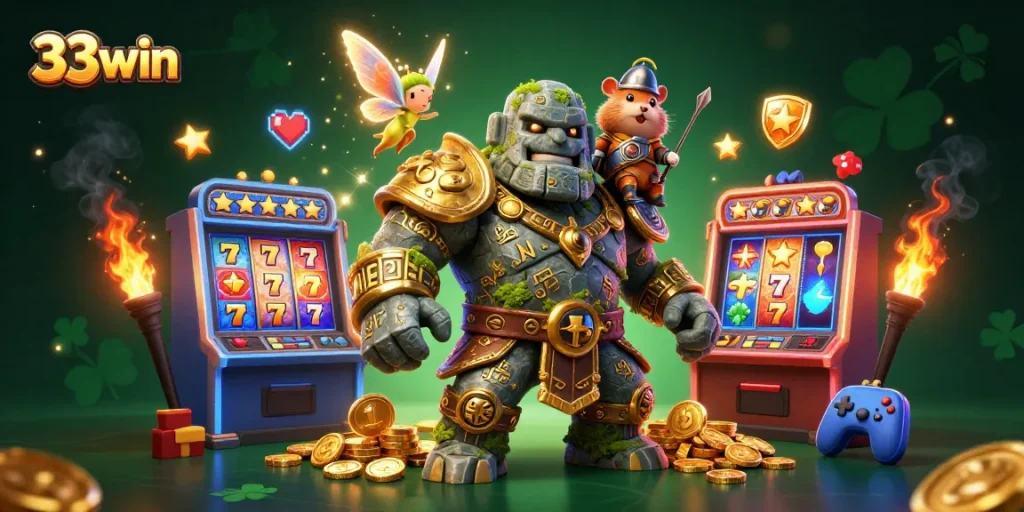 Engage in thrilling adventures with 33win's vibrant casino elements, featuring a magical golem and heroic knight.