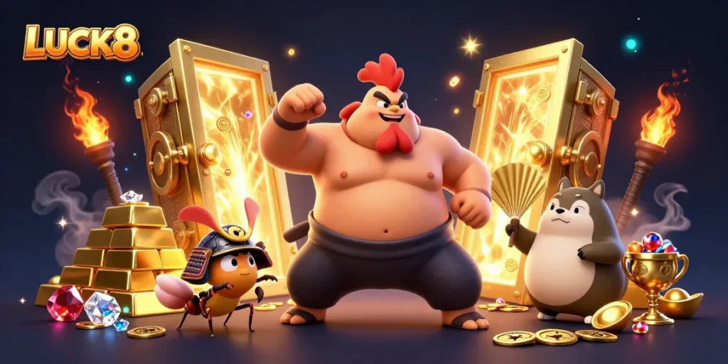 LUCK8 entertains players with a dynamic casino scene featuring a powerful sumo rooster and assorted gambling treasures.