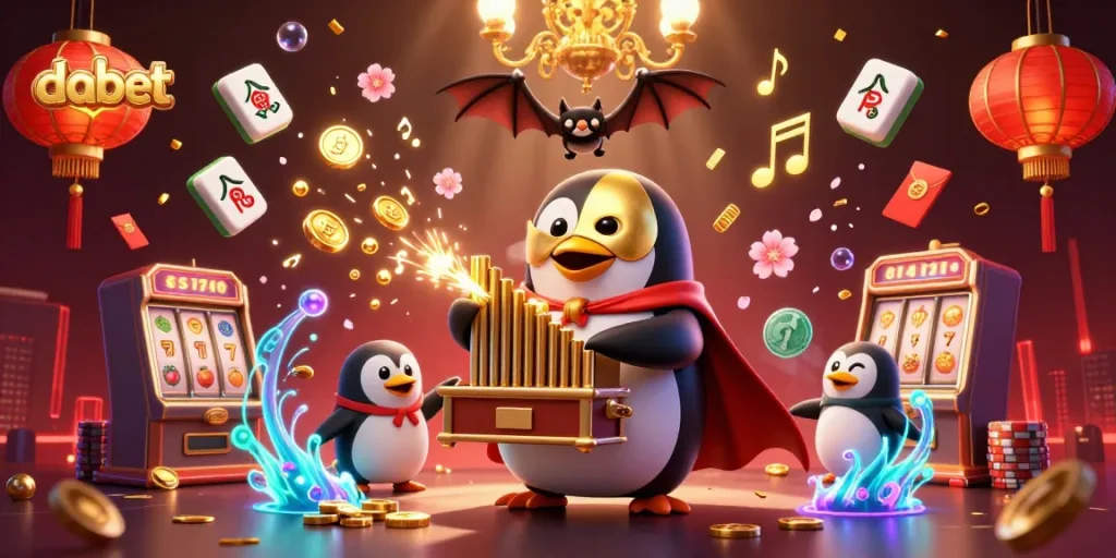 dabet features a penguin organist amidst gold coins and slot machines, celebrating casino excitement.